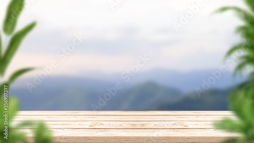 Empty wooden table with plants and mountain blur background for montage product display. 3D illustration