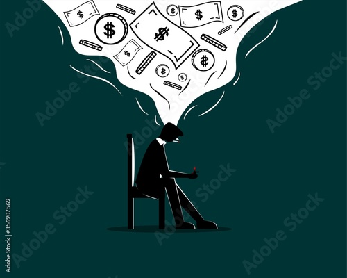  Silhouette person smoke cigarettes. Smoking burns money. Think about financial, income,economy. Illustration vector