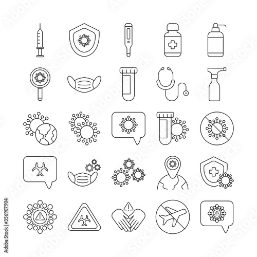 set of icons coronavirus protection, protective measures, coronavirus symptoms, line style icon