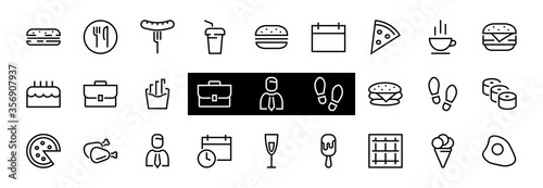 A simple set of fast food icons related to the vector line. Contains icons such as pizza, burger, sushi, bike, scrambled eggs and more. EDITABLE stroke. 480x480 pixels perfect, EPS 10