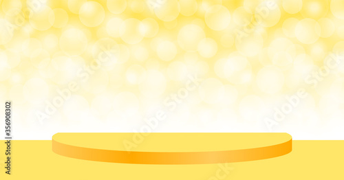 yellow pedestal stage on bokeh soft for background, stage podium 3d for cosmetics product display show, yellow pedestal stand deluxe for backdrop, stage pedestal for award or success concept show