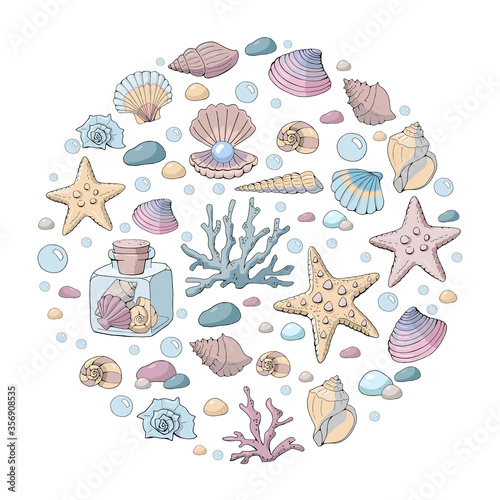 Circle made of different starfish, glass jar with various shells. Template for greeting card. Isolated objects on white background. Pink, blue and yellow pastel colors. Sea and seabed theme.