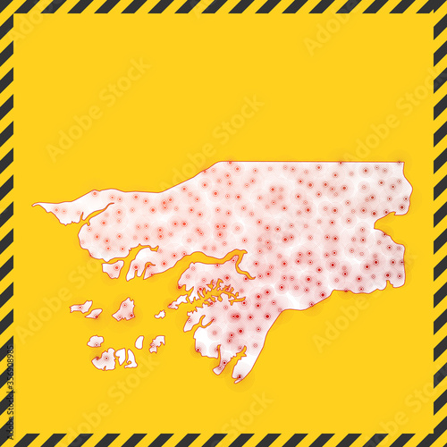 Guinea-Bissau closed - virus danger sign. Lock down country icon. Black striped border around map with virus spread concept. Vector illustration.