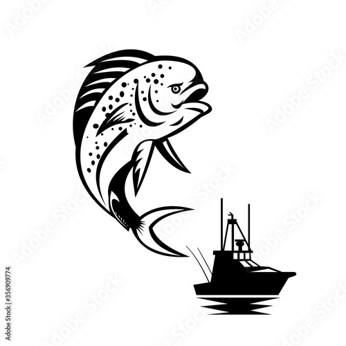 Pompano Dolphinfish Jumping Up With Fishing Boat in Background Retro Black and White