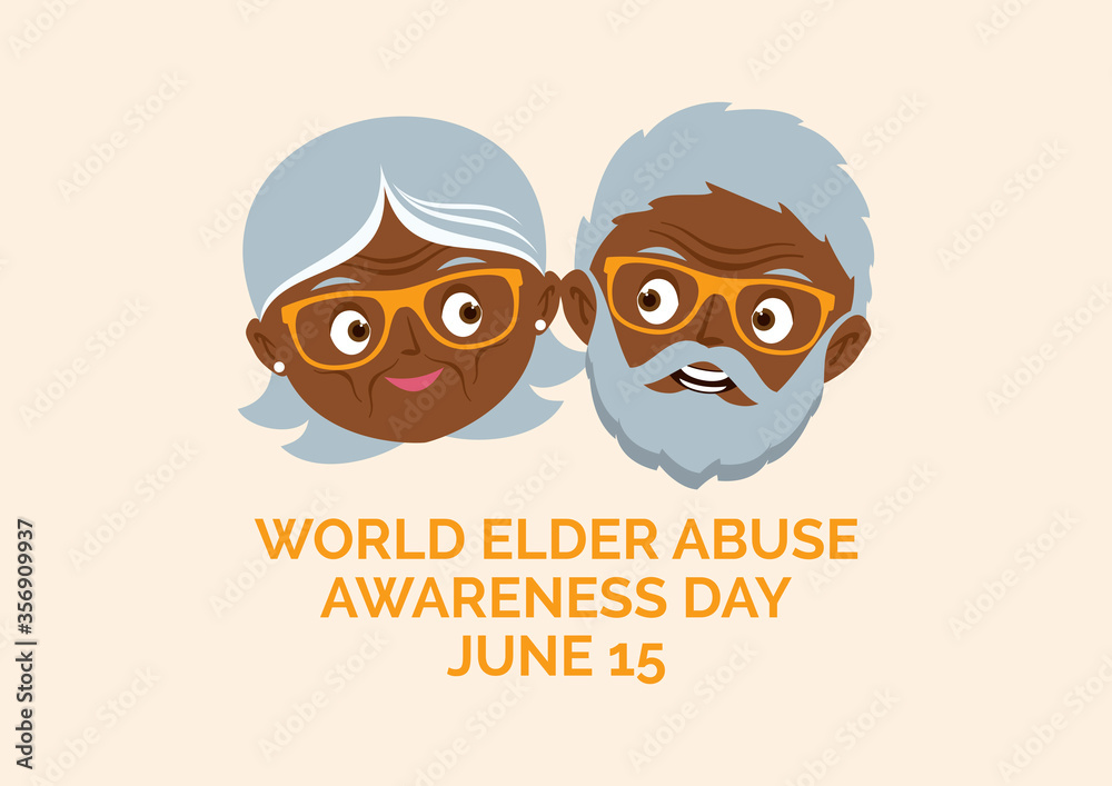 Fototapeta premium World Elder Abuse Awareness Day vector. Happy african american elderly senior couple vector. Smiling grandpa and grandma vector. Senior couple cartoon character. Black skin old man and woman icon