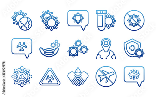 set of icons coronavirus protection, protective measures, coronavirus symptoms, degraded line style icon