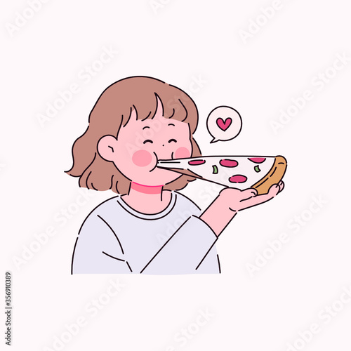 피자를 먹으며 행복한 미소를 짓는 여자