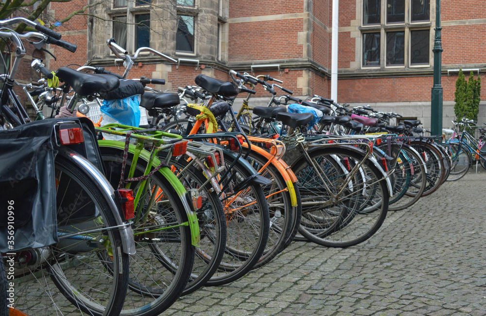 Bicycle parking near brick building