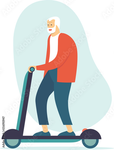 Cheerful elderly man riding an electric scooter. Happy active senior character. Flat vector illustration