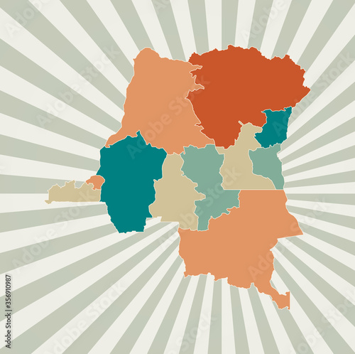 DR Congo map. Poster with map of the country in retro color palette. Shape of DR Congo with sunburst rays background. Vector illustration.