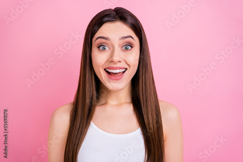 Closeup photo of funky crazy pretty lady long perfect groomed hairstyle listen amazing news open mouth wear casual white singlet isolated pastel pink color background