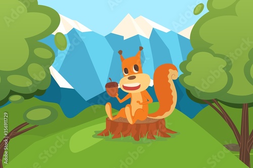 Squirrel with acorn sitting on stump in clean environment forest vector illustration. Natural residence small animal rodent. Squirrel character collects acorns for winter  harvesting by cold season.