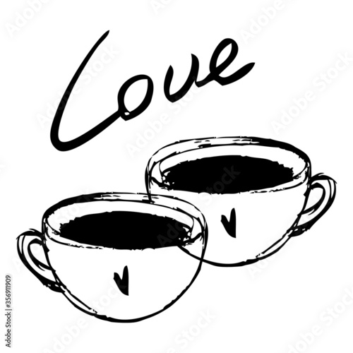 Cups of coffee for two. Lowers. Simple sketch about love, cafe, breakfast. Isolated cups of tea, latte, lettering. Elegant drawing for decorating menu, cafe, caerds for wedding and St. Valentine's day