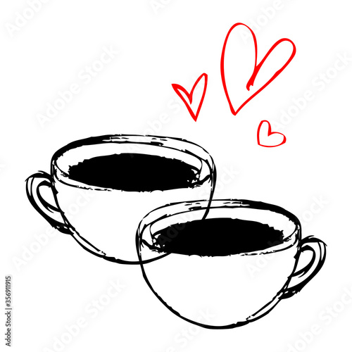 Cups of coffee for two. Lowers. Simple sketch about love, cafe, breakfast. Isolated cups of tea, latte, hearts. Elegant drawing for decorating menu, cafe, caerds for wedding and St. Valentine's day