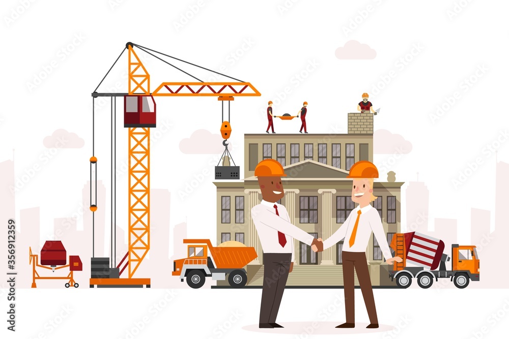 Construction technic, conclusion agreement between businessmen vector illustration. Hoisting crane at facility, builder team working hard. Concrete mixer and large truck near building, repair.