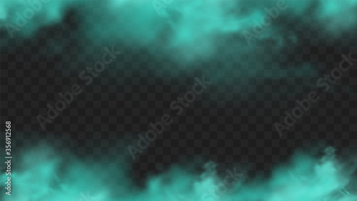 Blue smoke isolated on dark transparent background. Realistic blue magic mist cloud, chemical toxic gas, steam waves. Realistic vector illustration
