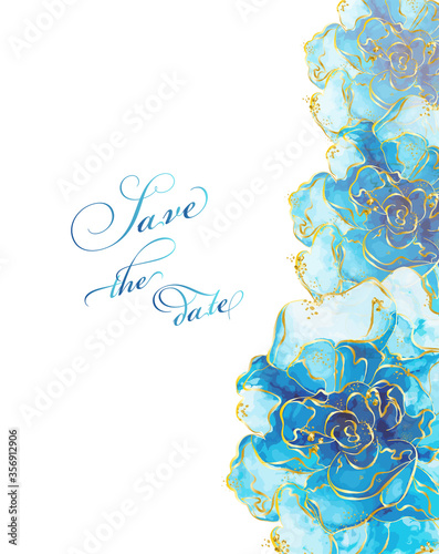 Creative design, background with blue Rose flower and golden leaves. Wedding invitation , alcohol ink, isolated on white. Vector illustration. 