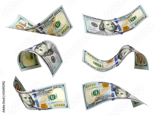 Set of flying dollars banknotes