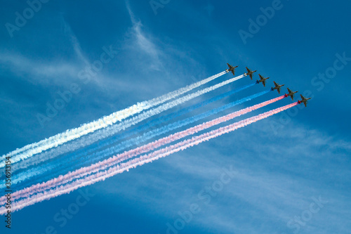 Photography RUSSIA, MOSCOW - May 9, 2018 - Six attack planes Su-25 let out a