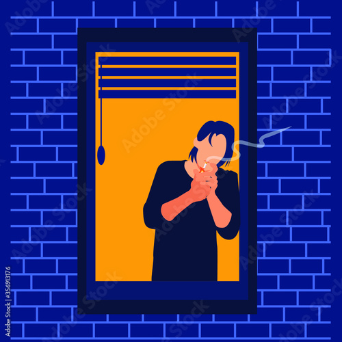 man smoking at the window of the apartment, quarantine time, vector illustration