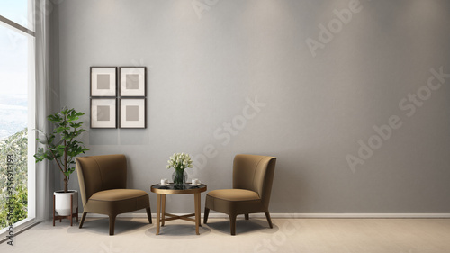 two seats armless cozy livingroom at tea time with clear glass window moutain view - 3D rendering © Sakusang