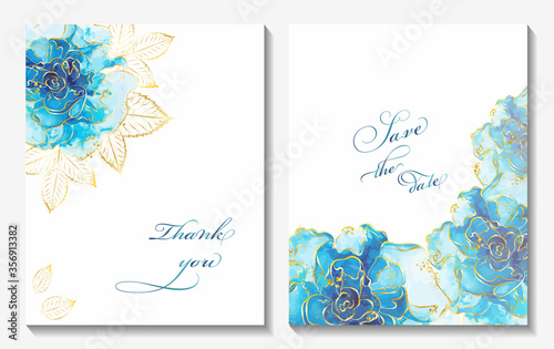 Creative design, background with blue Rose flower and golden leaves. Wedding invitation , alcohol ink, isolated on white. Vector illustration. 