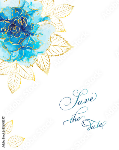 Creative design, background with blue Rose flower and golden leaves. Wedding invitation , alcohol ink, isolated on white. Vector illustration. 