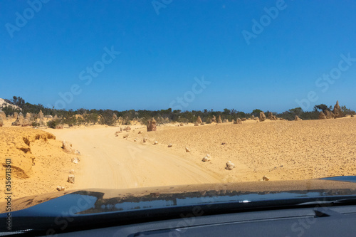 The Pinnacles desert. Picture taken inside the car  driving on the path across the desert. Western Australia WA  Australia  near Perth capital city.