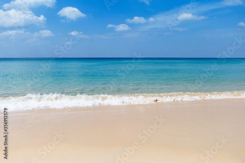 Beautiful clean beach and clear sea water on Phuket island, Thailand, summer outdoor day light, tourist attraction area, Holiday and vacation destination in Asia