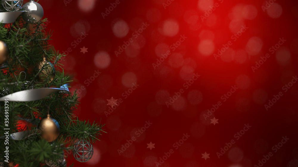 close up Christmas tree with decoration on blur snow fall red background - 3D rendering