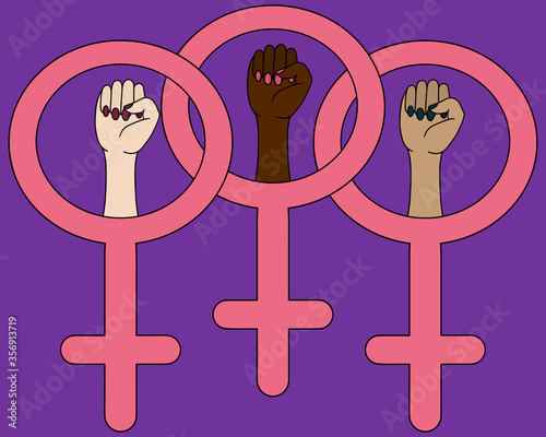 The struggle for the rights of women around the world. Feminine hands. Symbol of the feminist movement. A clenched fist in the mirror of Venus. Vector set. Isolated lilac background. Cartoon style. 