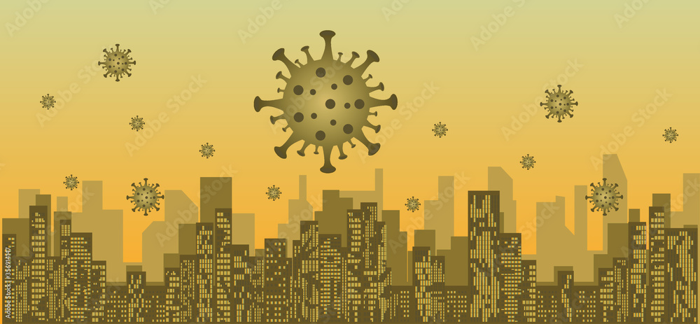 virus floating in the air in a modern city with skyscrapers. vector cityscape illustration, coronavirus pandemic