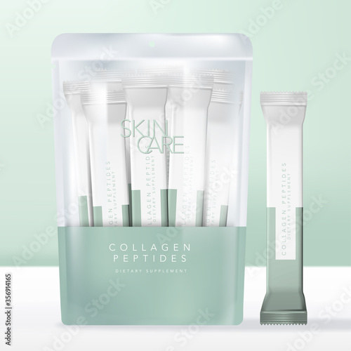 Vector Collagen Peptide or Beverage Powder Packets in Zip Lock Semi Transparent Pouch, Sachet or Packet Packaging.