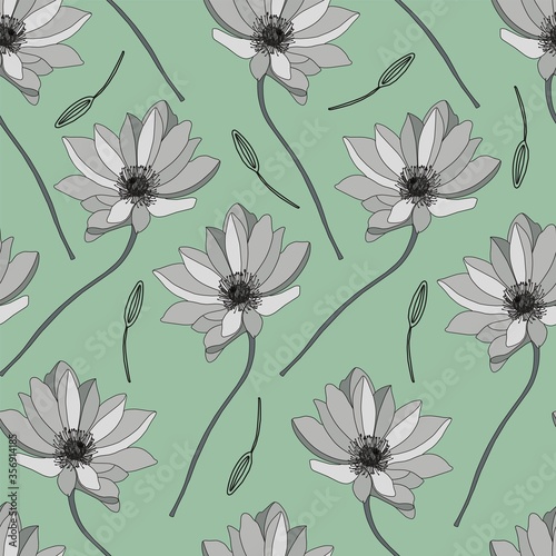 Modern floral pattern. Wildflowers pattern. Light green background, white flowers. Adonis, Echinacea, Chamomile. Vector illustration.