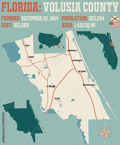 Large and detailed map of Volusia county in Florida, USA.
