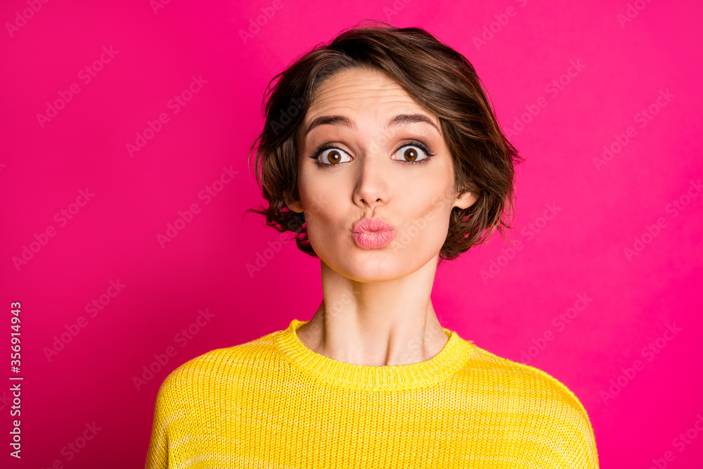 Close-up portrait of her she nice-looking attractive lovely pretty lovable cute shy girlish cheery girl sending air kiss isolated on bright vivid shine vibrant pink fuchsia color background - obrazy, fototapety, plakaty 