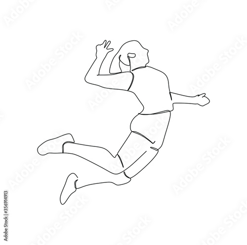 A woman volleyball player jumps to spike the ball. Continuous one line drawing vector illustration 
