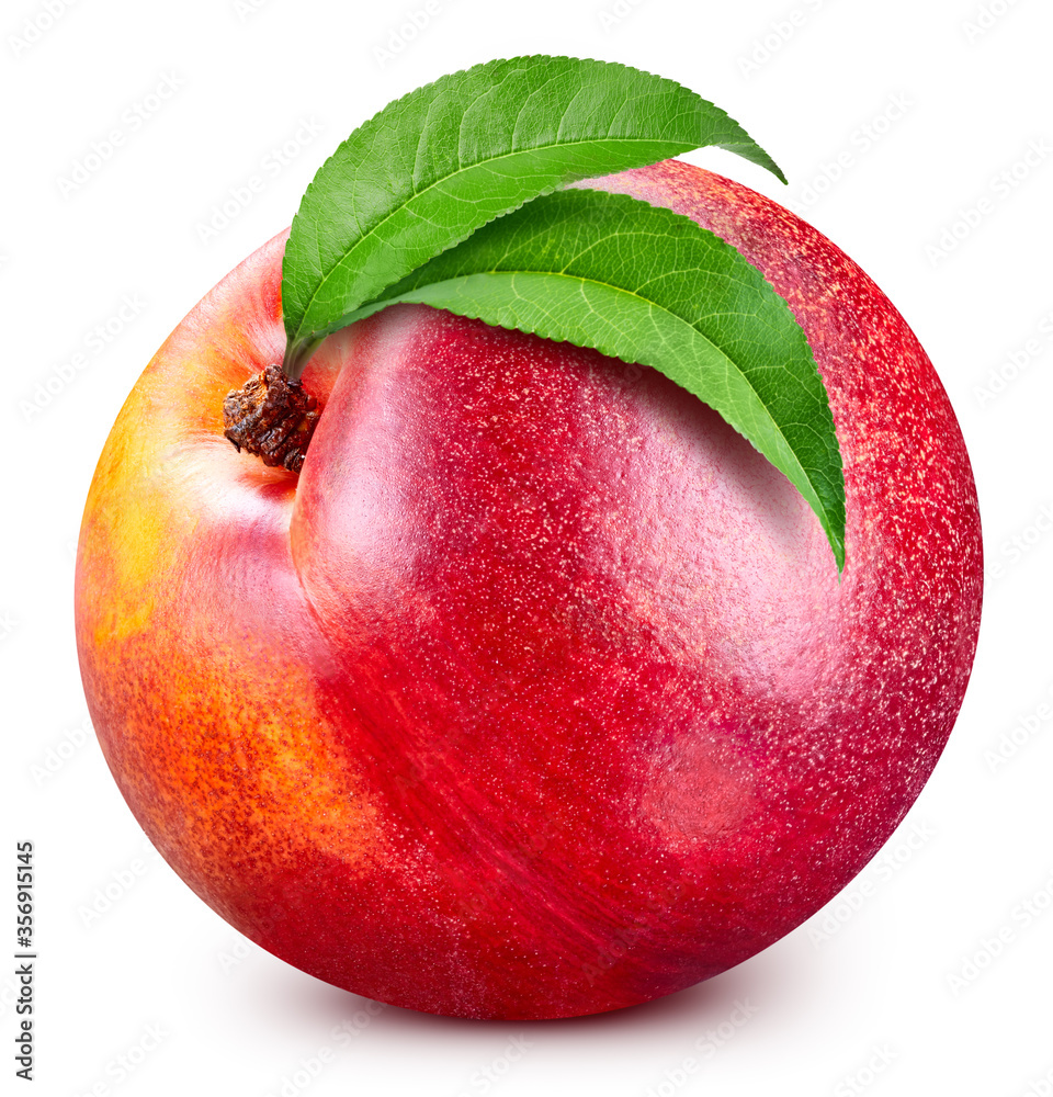 Peach isolated on white background. Peach macro studio photo. Peach with leaves. With clipping path Peach isolated on white background. Peach macro studio photo. Peach with leaves. With clipping path
