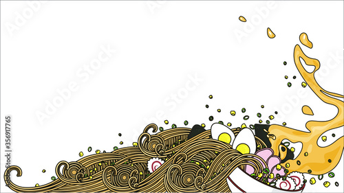 Ramen noodles soup with egg, pork, nori, onion and corn. Vector illustration with white background