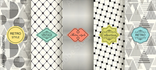 Set of seamless geometric patterns with trendy modern colorful labels. Shabby chic. Vector geometric seamless textures with circles, triangles, stripes.