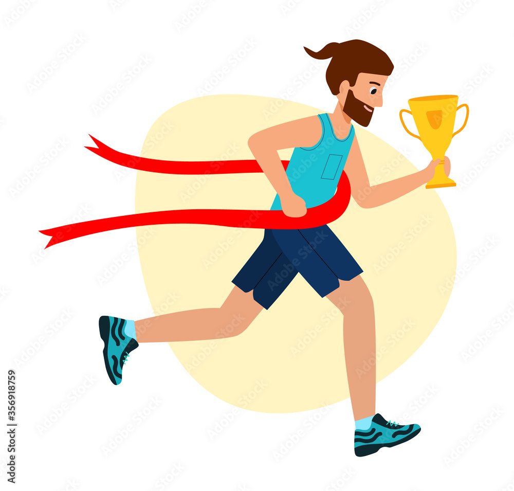 Running Man Crosses Finish Line. Achieve Goal. Way to Victory. First place, success, Cup in hand. vector illustration in modern flat style. Running Man Crosses Finish Line. Achieve Goal. Way to Victory. First place, success, Cup in hand. vector illustration in modern flat style.