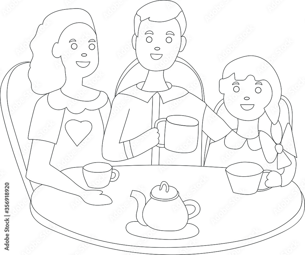 A family of three - dad, mom and daughter, drinking tea at a round table at home. The concept of family values and love, joint activities. Vector illustration A family of three - dad, mom and daughter, drinking tea at a round table at home. The concept of family values and love, joint activities. Vector illustration