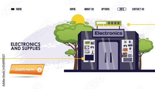 Computer parts, electronics and supplies shop vector illustration. Store website, online catalog page gadget product. Building for sale equipment and particles for electronic device.