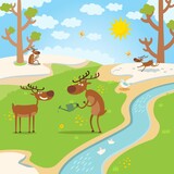 Deers happy for spring, thaw in forest vectore illustration. Animal character watered flower, catches up with butterfly and read book in natural habitat. Snow melts from sun ray near river.