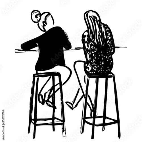 Quick sketch of two young women having conversation in the bar. Girls sitting on a high chairs and talking. Simple graphic hand drawn silhouettes for design about relationships, fashion or lifestyle