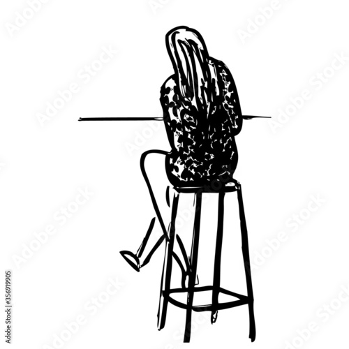 Hand drawn sketch of a single young woman sitting on a high chair in bar or cafe. Girl in a dress with straight hair drinking, reading or writing. Simple graphic drawing in black, isolated silhouette