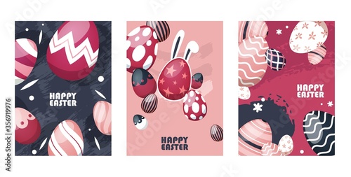 Happy easter flyer, eggs set vector illustration. Traditional treat for holiday, painted eggshell with bunny ears. Celebrate spring holiday, different print on food, star, stripes, polka dot.