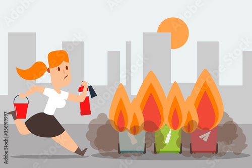 Compliance with fire safety outside, trash can arson vector illustration. Girl run to extinguish flame with fire extinguisher, bucket sand. Separate garbage container burn, danger in residential area.