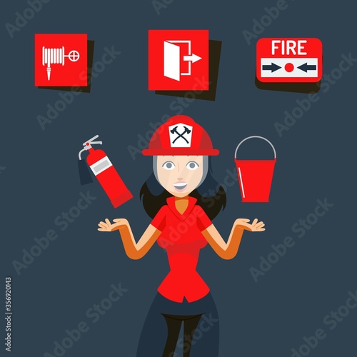 Fire safety sign vector illustration. Image for help during emergency, flame indoors. Girl in helmet show fire extinguisher and fire bucket. Fire alarm, emergency exit and firehose.