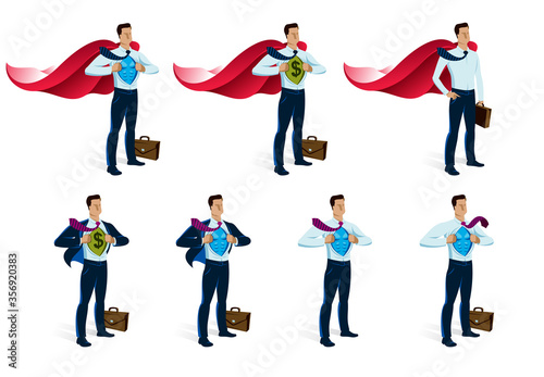 Businessman superhero vector illustrations set, young handsome business man standing brave and strong, leadership concept, success allegory, problems solving.